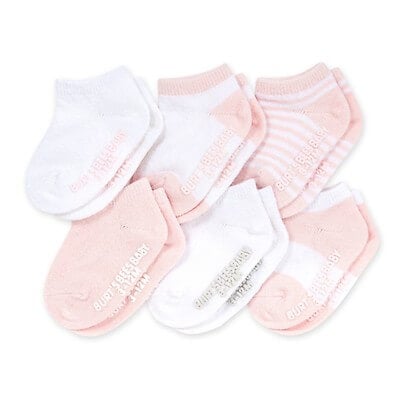 Assortment of six pink and white Burts Bees baby socks 