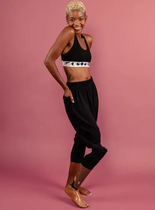 Model wears Miakoda bra and joggers