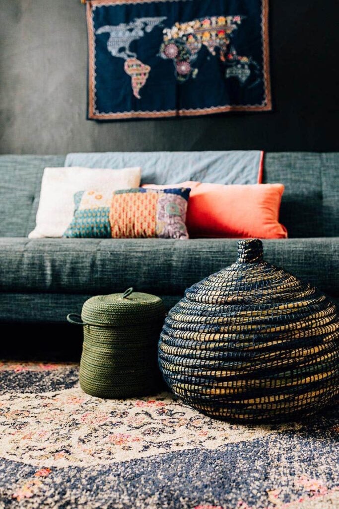 Ten Thousand Villages ethical home goods, baskets, cushions, and wall hanging